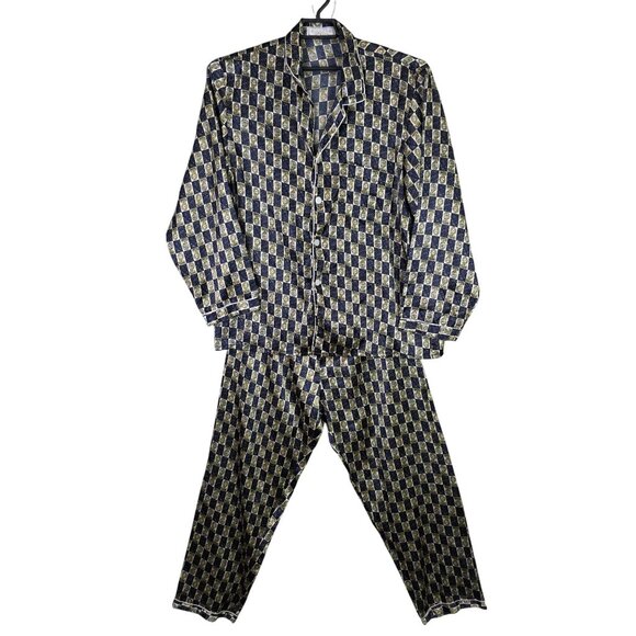 Mens Amanda Silk Collection Pajama Shirt & Pants Set Navy & Gold Checkered 2XL - Picture 1 of 14